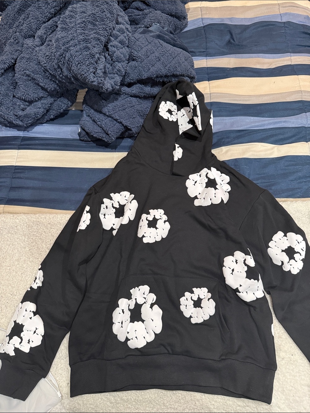 Black Hoodie with White Floral Rings - Men's Cardigan-Style Sweater